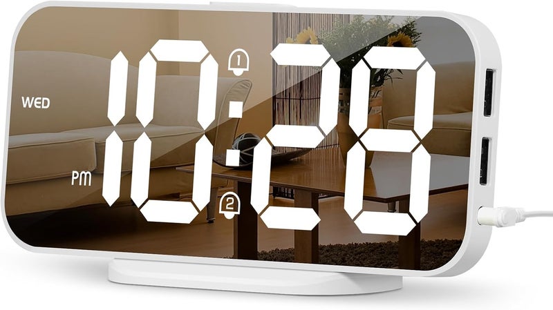 ALANAS Digital Alarm Clock for Bedrooms, Dual Alarms with Snooze, Big LED Mirror Display, 4-Level Dimmer & 2 USB Ports, Plug in Clocks, Aesthetic Modern Desk Clock for Home Office, Gift - Image 1